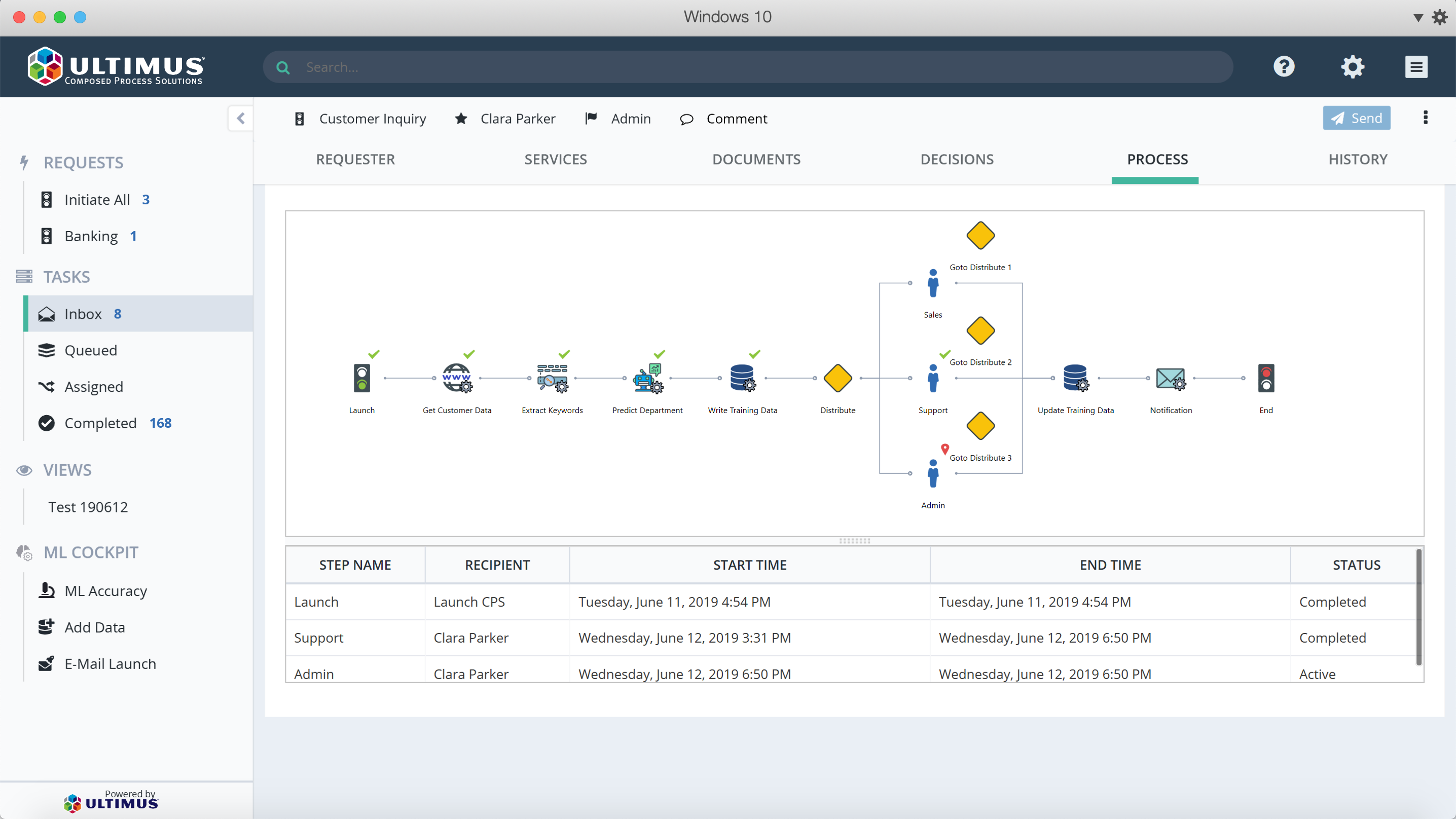 Process with automated database, machine learning services, and email Flobot steps