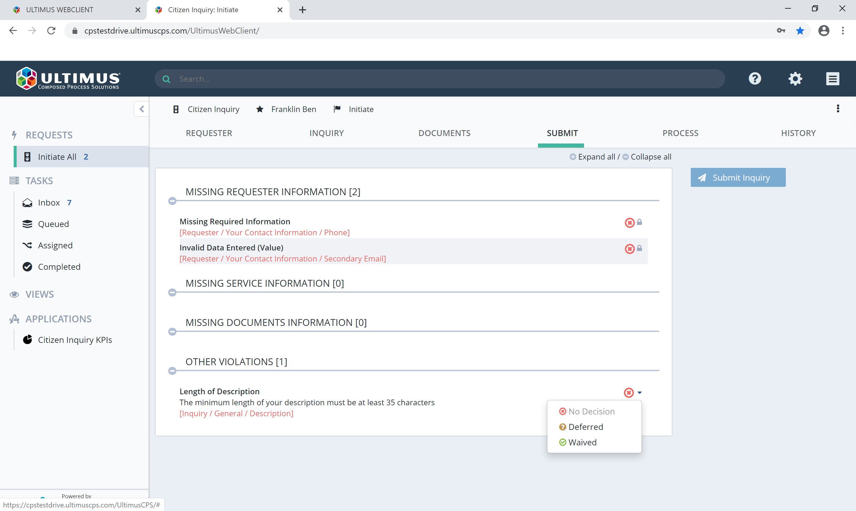 Citizen Inquiry Management | Ultimus Solution Starter Application